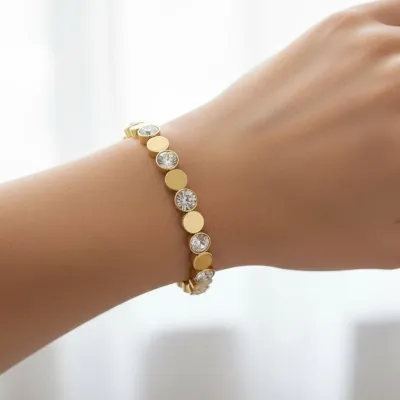 Kadın 14K Kaplama Gold Taşlı Çelik Lastik Bileklik