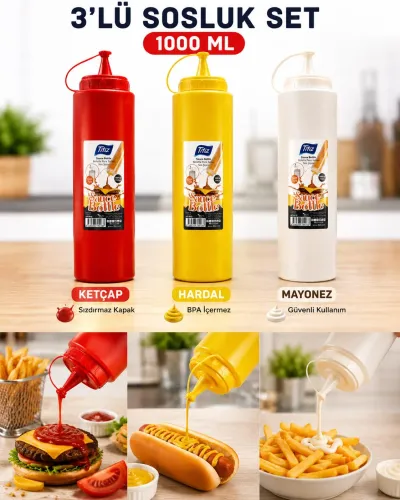 Titiz 3’lü 1000 ml Sos Şişesi Seti Sızdırmaz Kapaklı Sarı Kırmızı Beyaz