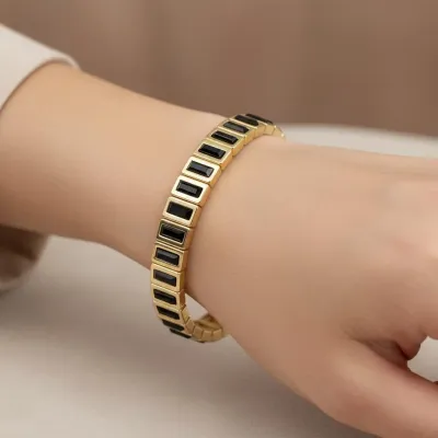 14K Siyah Baget Taşlı Çelik Lastikli Bileklik