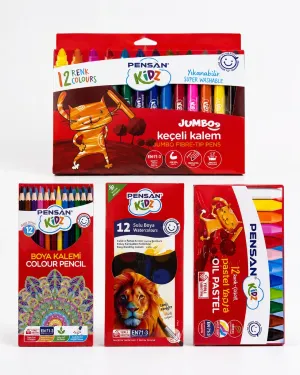 Pensan Kidz 4’lü Boyama Seti 12 Renk Keçeli Kalem Pastel Sulu Boya Kuru Boya Okul Seti