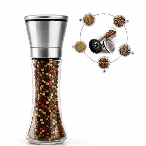 Seramik Öğütücülü 5 Kademe Ayarlı Tuz ve Karabiber El Değirmeni - 200 ml Şeffaf Cam Hazne 18 cm