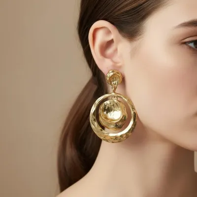 Kadın Gold Renk Dokulu Sallantılı Küpe – Yuvarlak Halka Tasarım