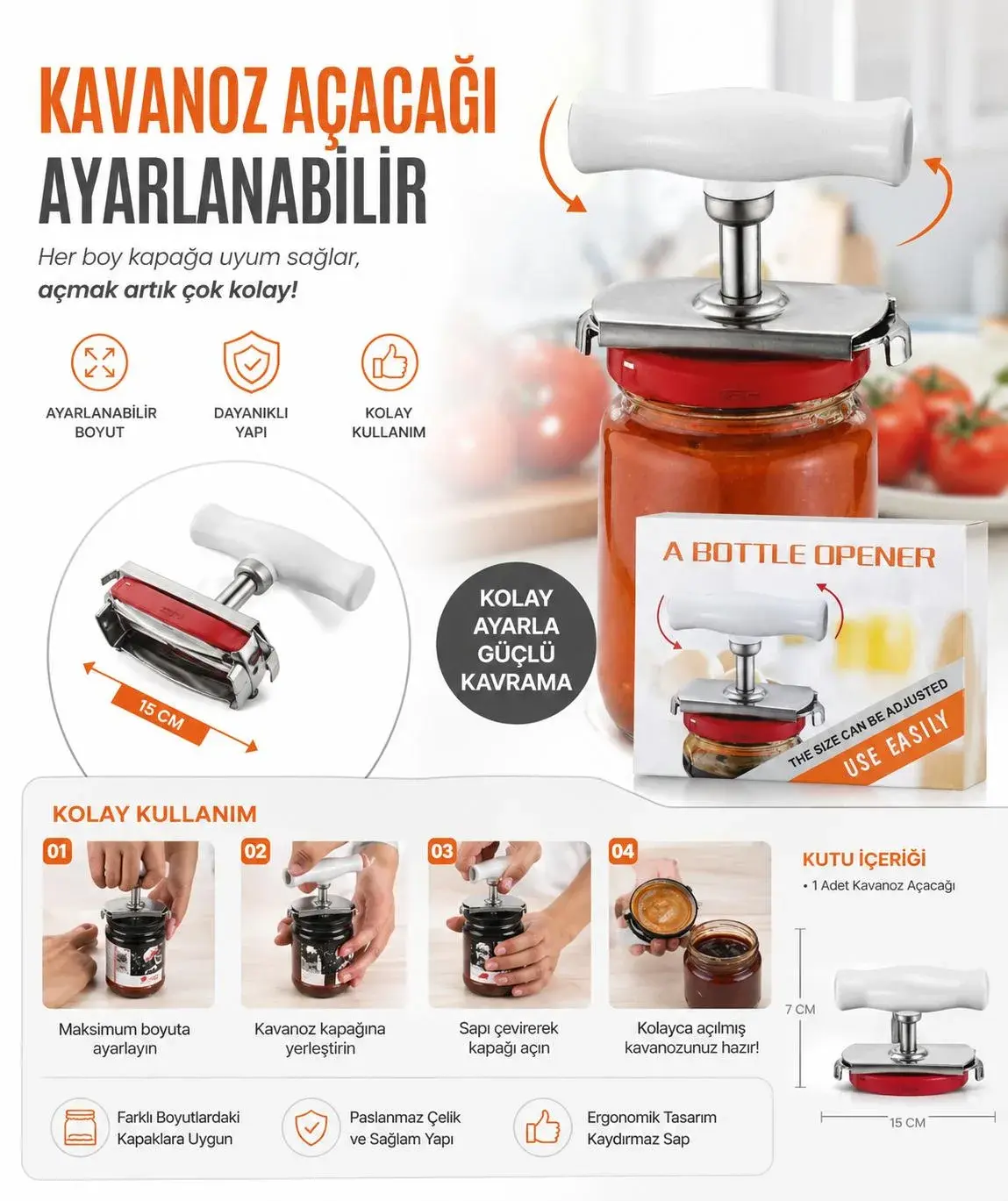 Ayarlanabilir Manuel Kavanoz Açacağı- Çok Amaçlı Kapak Açıcı