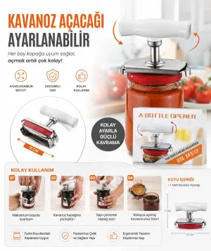 Ayarlanabilir Manuel Kavanoz Açacağı- Çok Amaçlı Kapak Açıcı