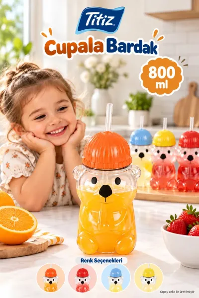 Ayıcıklı Pipetli Çocuk Bardağı Şeffaf Suluk 800 ml