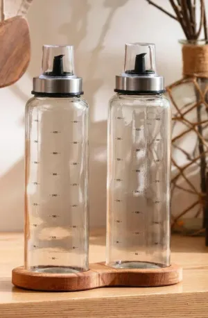 Ahşap Standlı Cam Yağdanlık Seti | Damlatmaz Kapak | 500 ml | 2’li Set