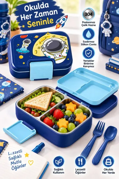 Titiz Happii 1030 ml Çelik Bölmeli Beslenme Kabı Sızdırmaz Silikon Contalı Çatal Kaşık Setli - Mavi