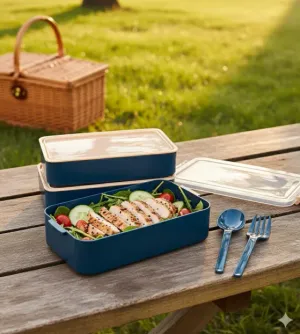 Titiz Fely 2 katlı Öğle Yemeği Kabı – Çatal Kaşık Dahil – Sızdırmaz  Kilitli Lunch Box- Lacivert