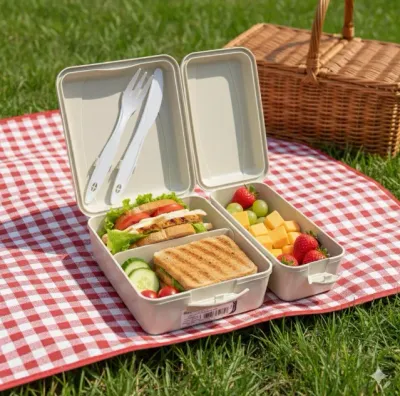 Titiz Takeaway Beslenme Kabı Seti Bölmeli Lunch Box Çatal Bıçak Dahil BPA Free Krem