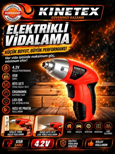 4.2V USB Şarjlı Elektrikli Vidalama 10 Uçlu Bits Seti 1300 mAh