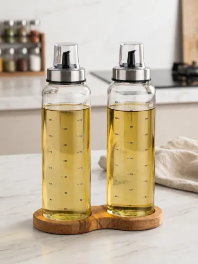 Ahşap Standlı Cam Yağdanlık Seti | Damlatmaz Kapak | 500 ml | 2’li Set