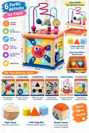 Topbright Ahşap Aktivite Küpü 5’i 1 Arada Montessori Eğitici Oyuncak 12 Ay+