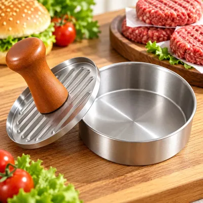 Paslanmaz Çelik Hamburger Köfte Presi 10 cm Ahşap Saplı Burger Şekillendirme Aparatı