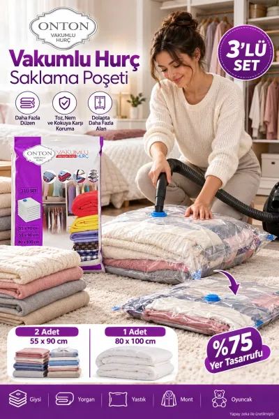 Vakumlu Hurç 3’lü Set 2 Adet 55x90 cm 1 Adet 80x100 cm Vakumlu Saklama Poşeti