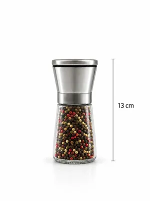 Ahşap Standlı Cam Tuz Karabiber Değirmeni | Paslanmaz Çelik Kapak | 180 ml Şeffaf 13 cm 2'li Set