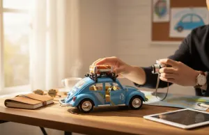Klasik Işıklı Sesli Metal Araba – Mavi Valizli Retro Beetle - 15 cm