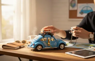 Klasik Işıklı Sesli Metal Araba – Mavi Valizli Retro Beetle - 15 cm