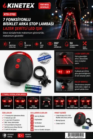 7 Fonksiyonlu Lazer Şerit Bisiklet Arka Stop Lambası | 5 LED, 2 Lazer, Su Geçirmez, 260° Görünürlük
