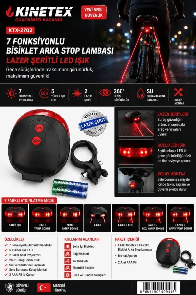 7 Fonksiyonlu Lazer Şerit Bisiklet Arka Stop Lambası | 5 LED, 2 Lazer, Su Geçirmez, 260° Görünürlük