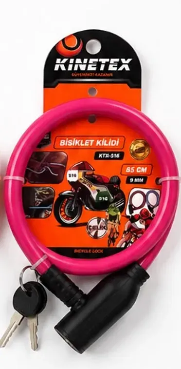 Bisiklet Kilidi 65 CM 9 MM Çelik Halatlı Anahtarlı Güvenlik Kilidi Pembe