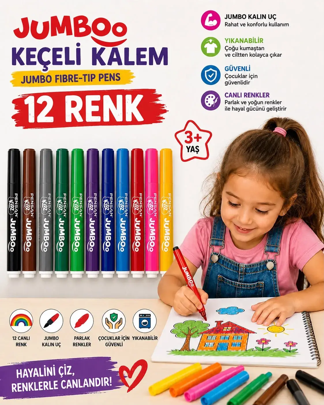 Pensan Kidz Jumboo 12 Renk Yıkanabilir Jumbo Keçeli Kalem Kalın Uçlu Çocuk Boyama Kalemi