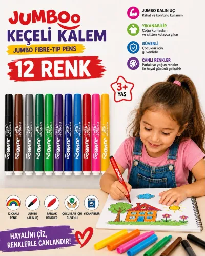 Pensan Kidz Jumboo 12 Renk Yıkanabilir Jumbo Keçeli Kalem Kalın Uçlu Çocuk Boyama Kalemi