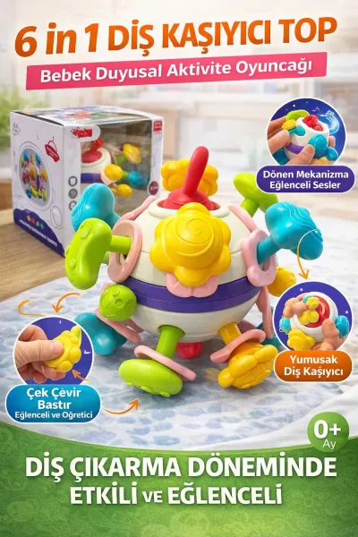 6 IN 1 diş kaşıyıcı bebek topu- Çıngıraklı oyuncak