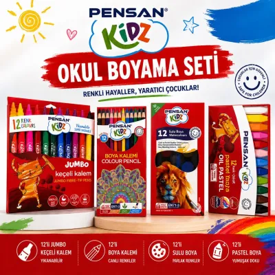 Pensan Kidz 4’lü Boyama Seti 12 Renk Keçeli Kalem Pastel Sulu Boya Kuru Boya Okul Seti