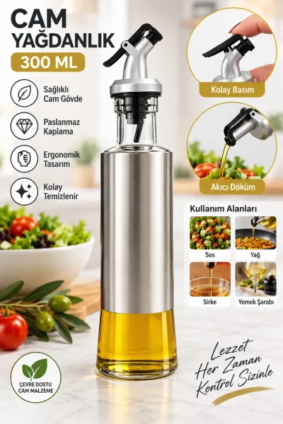 Cam Yağdanlık 300 ML Paslanmaz Çelik Kaplamalı Akıtmaz Kontrollü Döküm Yağ Sirke Sos Şişesi