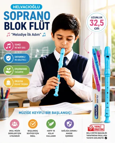Helvacıoğlu Soprano Blok Flüt 32,5 cm Okul Müzik Dersi Eğitim Flütü - Mavi
