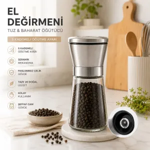 Seramik Öğütücülü 5 Kademe Ayarlı Tuz ve Karabiber El Değirmeni - 180 ml Şeffaf Cam Hazne 13 cm