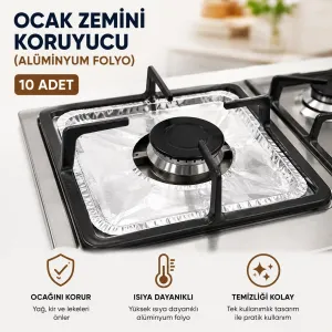 Alüminyum Folyo Ocak Zemini Koruyucu 10 Adet - Tek Kullanımlık Yağ Önleyici 20,5x20,5 cm