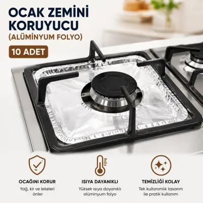 Alüminyum Folyo Ocak Zemini Koruyucu 10 Adet - Tek Kullanımlık Yağ Önleyici 20,5x20,5 cm