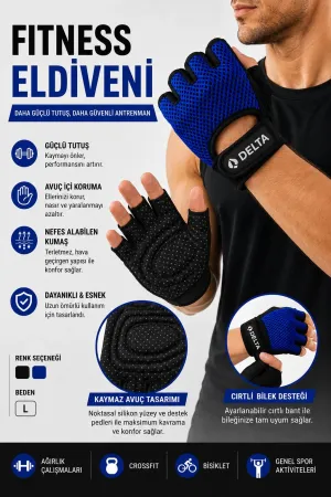 Delta Fitness Eldiveni Kaymaz Avuç İçi Destekli Spor Eldiveni Mavi-Siyah