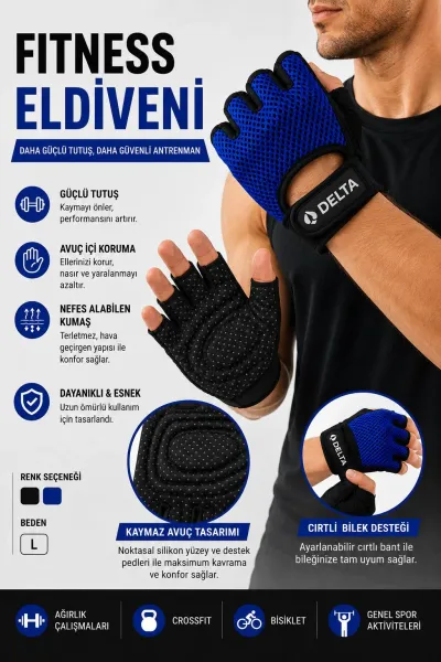 Delta Fitness Eldiveni Kaymaz Avuç İçi Destekli Spor Eldiveni Mavi-Siyah