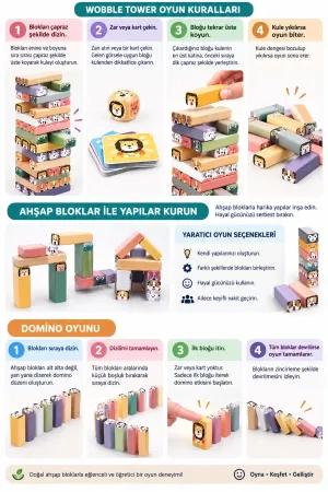 Topbright Wobble Tower Ahşap Denge Kulesi Hayvan Figürlü Eğitici Çocuk Oyunu Kartlı ve Zarlı