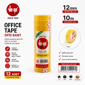 Ve-Ge Ofis Bandı 12 mm x 10 m 12 Adet Şeffaf Bant