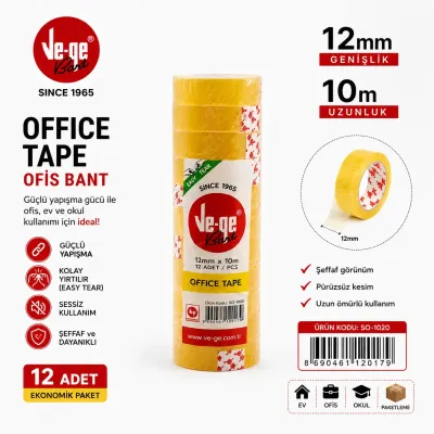 Ve-Ge Ofis Bandı 12 mm x 10 m 12 Adet Şeffaf Bant