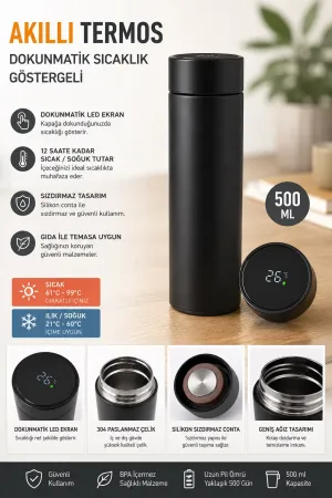 500ml Akıllı LED Göstergeli Çelik Termos - 304 Paslanmaz Vakumlu Isı Göstergeli Mat Siyah