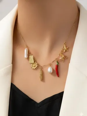 Üçlü Renkli Charm Detaylı Zincir Kolye Seti - 3 Ayrı kolye Birlikte