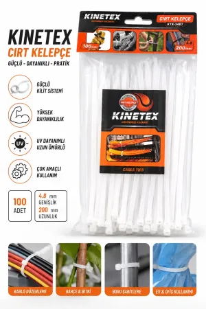 100 Adet Beyaz Cırt Kelepçe 4,8x200 mm Plastik Kelepçe Kablo Düzenleyici Güçlü Kilit Mekanizmalı