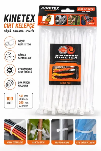 100 Adet Beyaz Cırt Kelepçe 4,8x200 mm Plastik Kelepçe Kablo Düzenleyici Güçlü Kilit Mekanizmalı