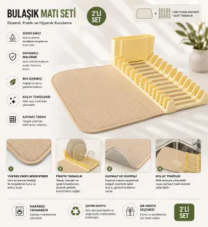 Premium Katlanabilir Mikrofiber Bulaşıklık Seti Bej – Tezgah Üstü Kurulama Matı 35x43 cm - 3'lü Set