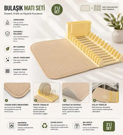 Premium Katlanabilir Mikrofiber Bulaşıklık Seti Bej – Tezgah Üstü Kurulama Matı 35x43 cm - 3'lü Set