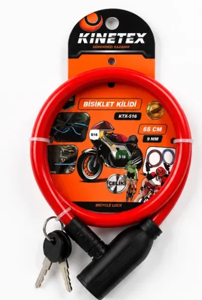 Bisiklet Kilidi 65 CM 9 MM Çelik Halatlı Anahtarlı Güvenlik Kilidi Kırmızı
