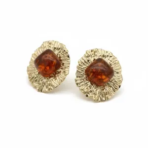 Kadın Kahve Taşlı Gold Detaylı Çelik 14 K Küpe 30 mm