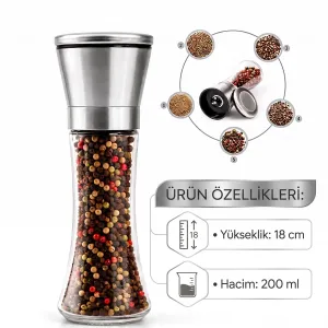 Seramik Öğütücülü 5 Kademe Ayarlı Tuz ve Karabiber El Değirmeni - 200 ml Şeffaf Cam Hazne 18 cm