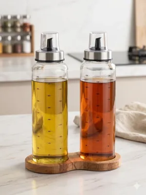 Ahşap Standlı Cam Yağdanlık Seti | Damlatmaz Kapak | 500 ml | 2’li Set
