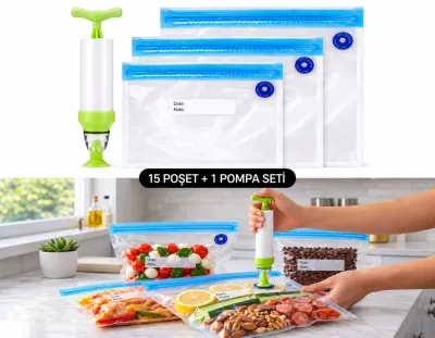 15 Adet Pompalı Vakumlu Gıda Saklama Poşeti 3 Boy BPA Free Erzak ve Kilitli Buzluk Seti
