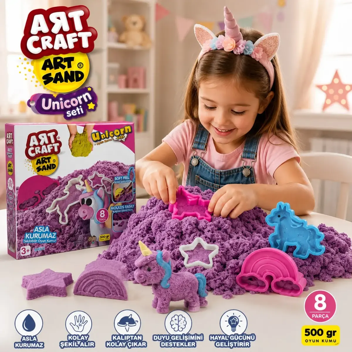 Art Craft Unicorn Oyun Kumu Seti 500 gr 8 Parça Kalıplı Sıkılabilir Kinetik Kum